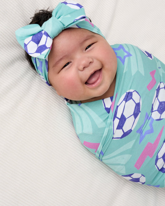 Aqua Soccer Stars Swaddle & Luxe Bow Headband Set