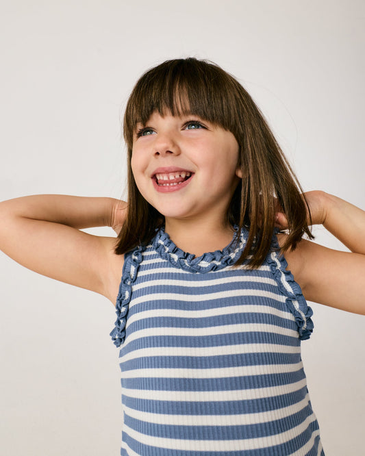 Infinite Blue Stripe Ribbed Ruffle Tank