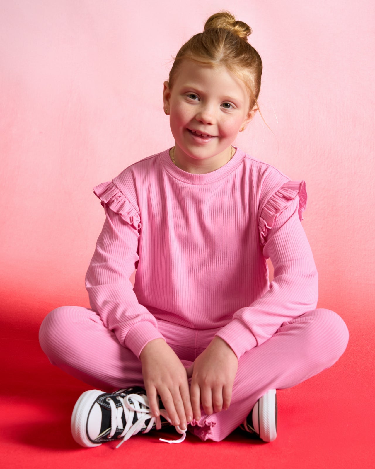 Sweet Pink Ribbed Flutter Crewneck
