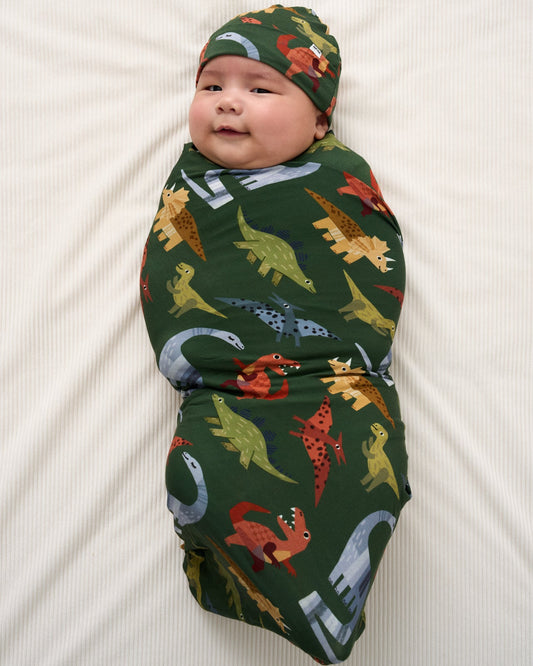 Roar & Explore Green Swaddle & Beanie Set