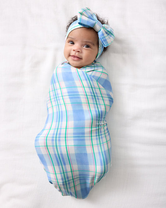Springtime Plaid Swaddle & Luxe Bow Headband Set