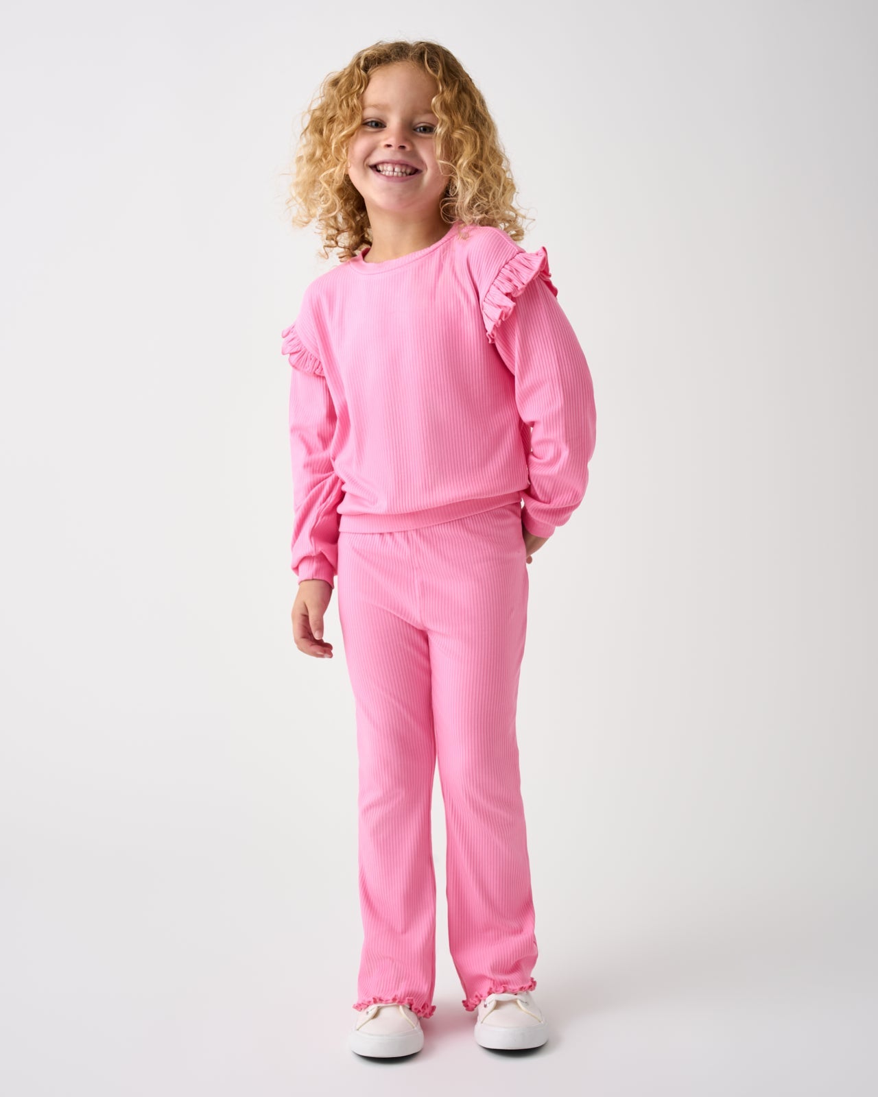 Sweet Pink Ribbed Flutter Crewneck